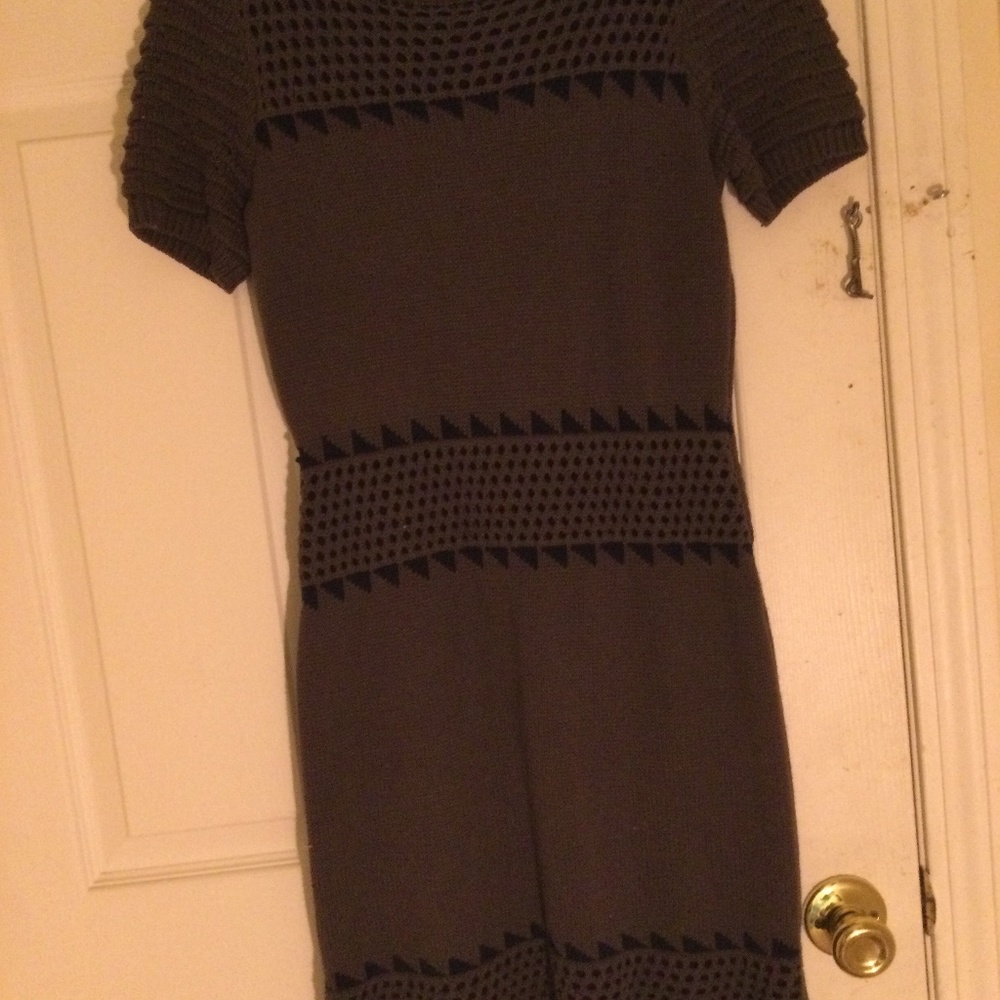 Woven/knit brown short sleeve mini sweater dress